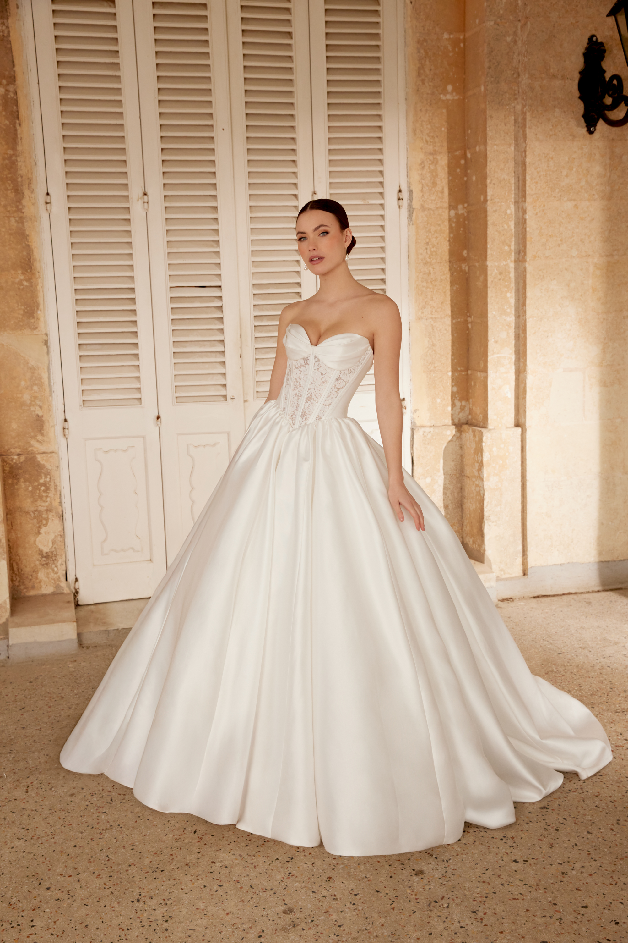 Sincerity Bridal Style 44610 Mikado Ball Gown with Exposed Boning on Bodice and Basque Waistline