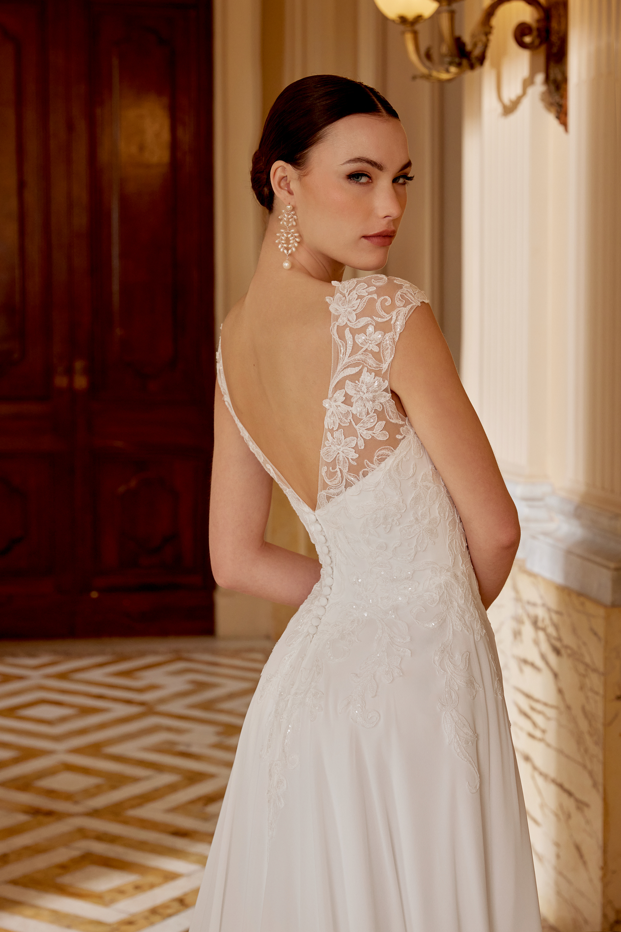 Sincerity Bridal Style 44614 Chiffon A-Line Dress with Illusion Sabrina Neckline and Sweetheart Bodice with Cap Sleeves