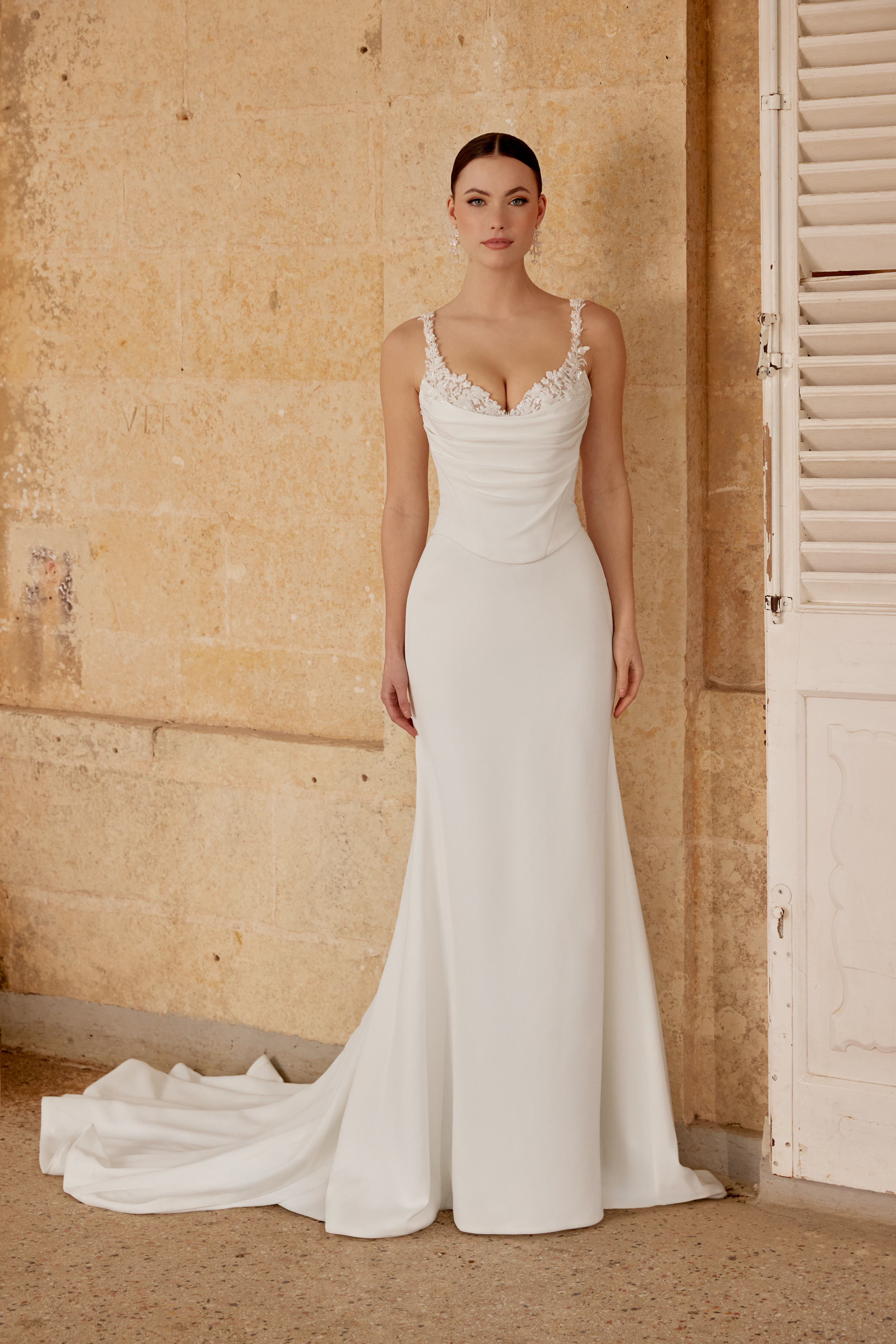 Sincerity Bridal Style 44615 Faux Two-Piece Crepe Fit and Flare Dress with Peek-A-Boo Detail at Neckline with Pleated Bodice
