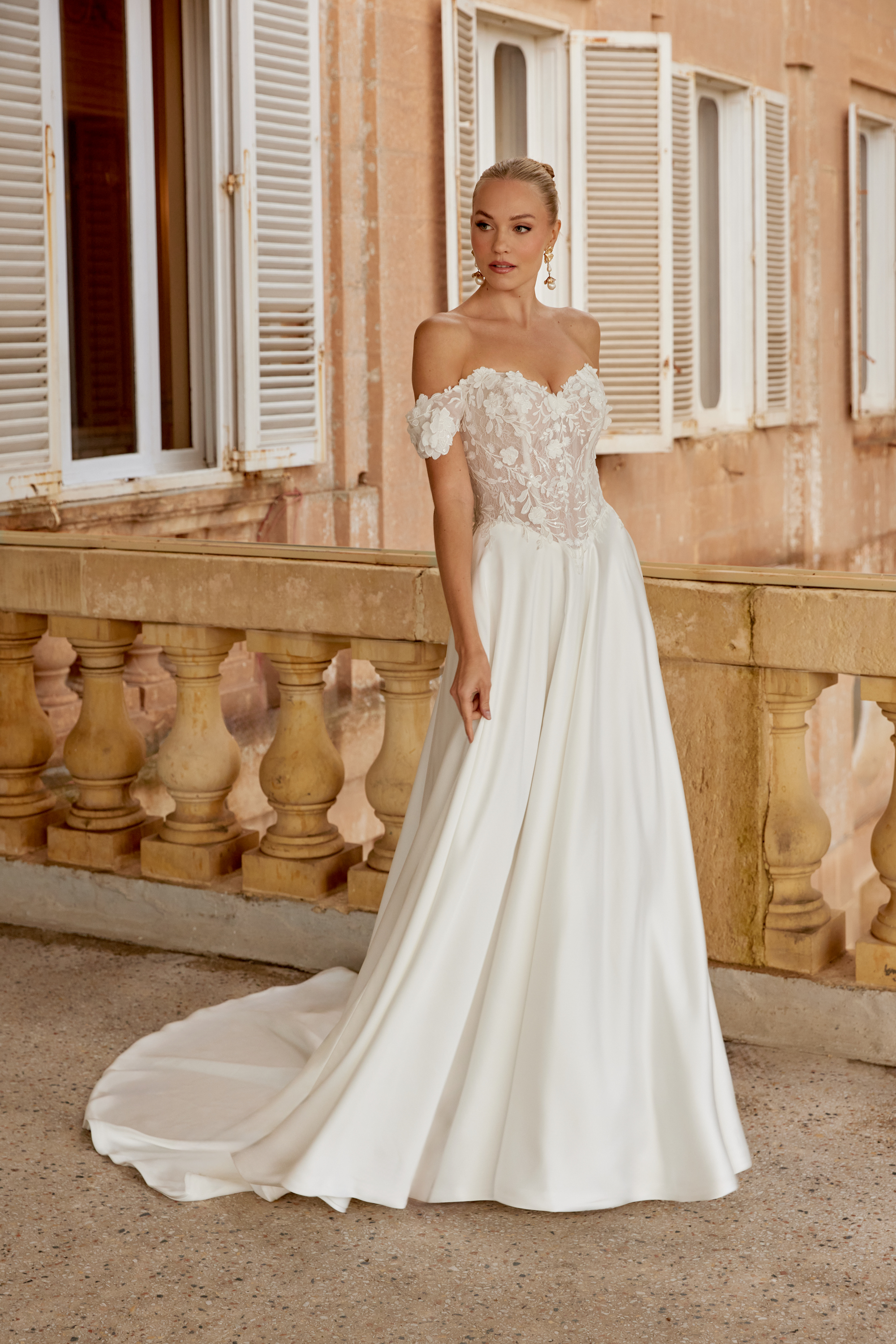 Sincerity Bridal Style 44617 Charmeuse A-Line Bridal with Detachable Off-the-Shoulder Straps and Sequined Lace Appliqués with 3D Lace Details