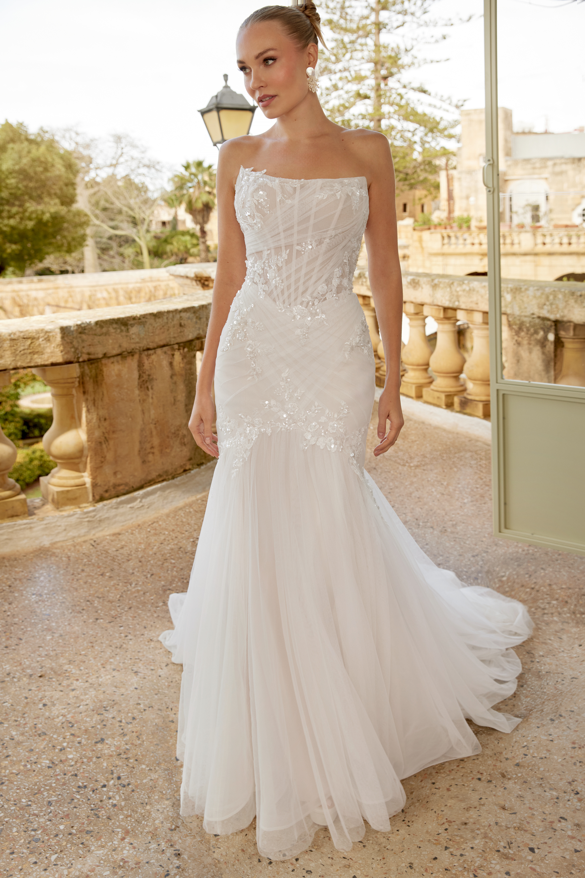 Sincerity Bridal Style 44621 Stretch Tulle Mermaid Dress with Asymmetrical Draped Tulle and Floral Lace Appliqués
