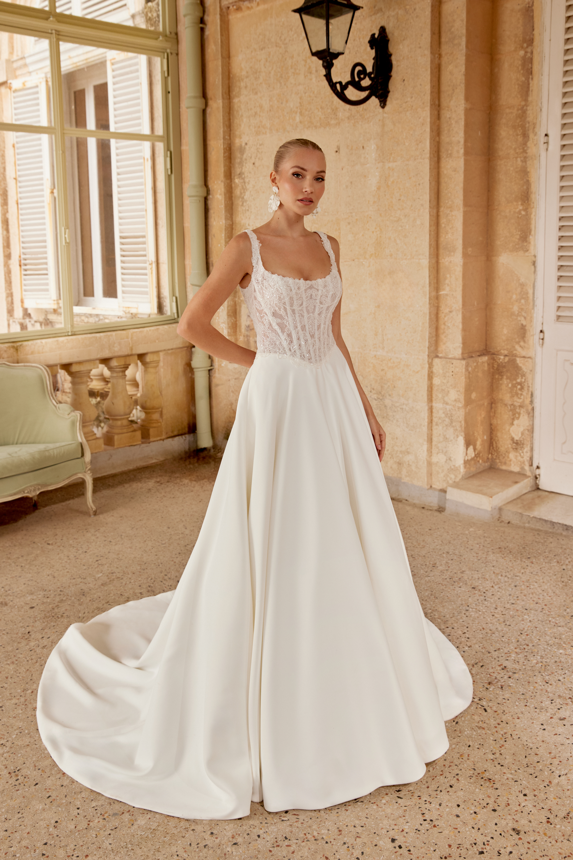Sincerity Bridal Style 44626 Satin Ball Gown with Scoop Neckline Featuring Lace Appliqués on the Bodice