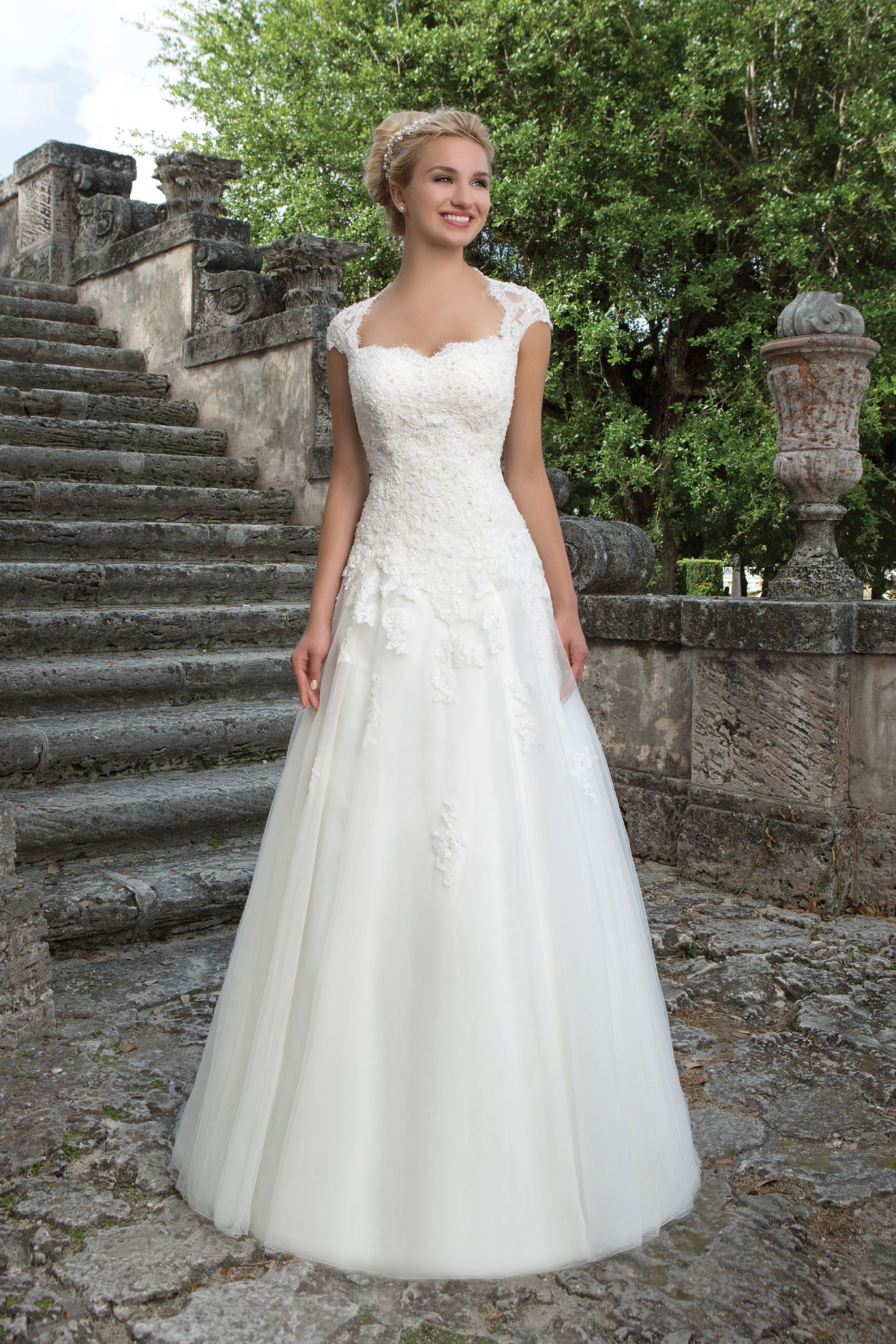queen anne's lace wedding dress 3906: Lace and Tulle Ball Gown with Queen Anne Neckline