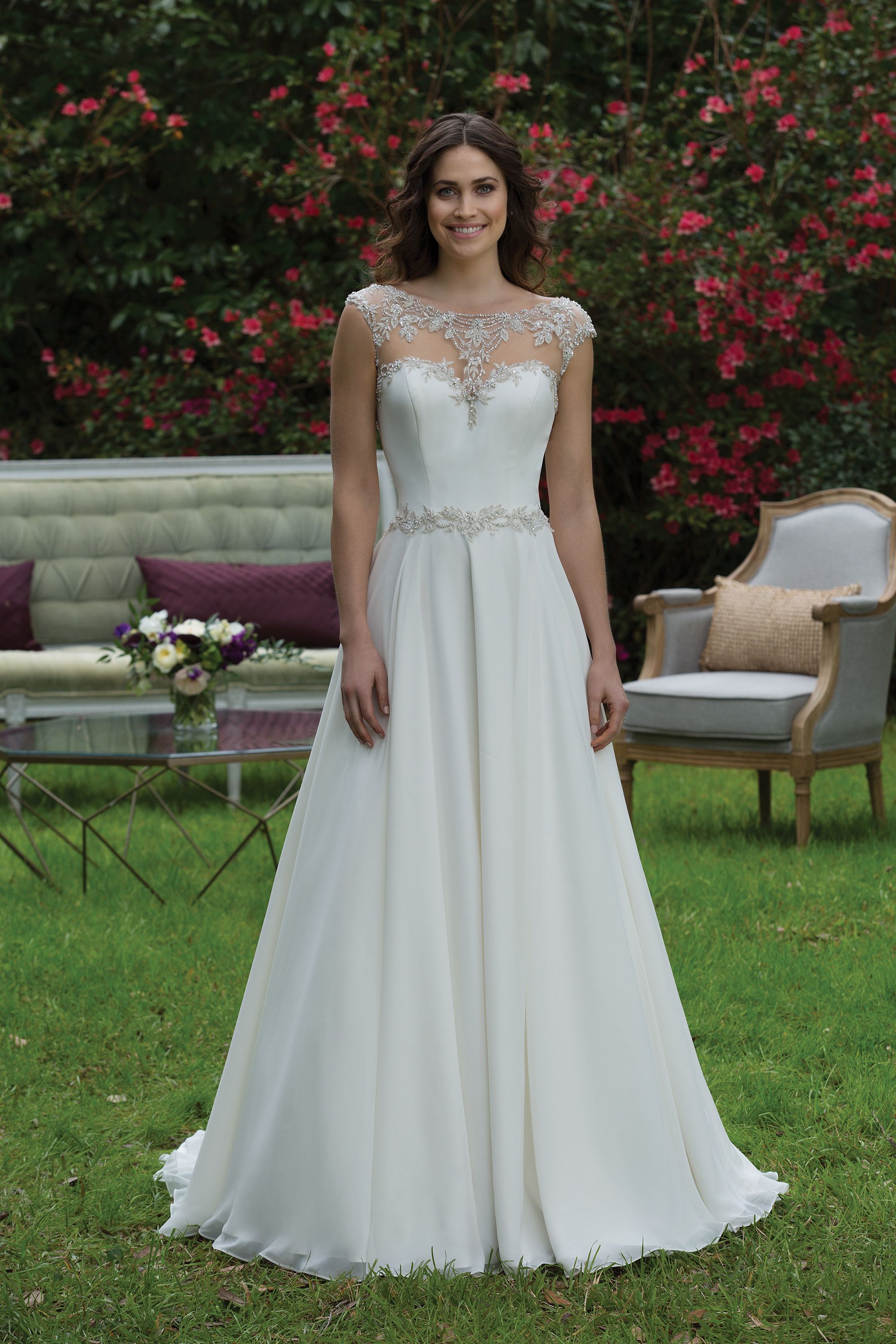 Sincerity Bridal Chiffon Gown with Metallic Beaded Illusion Sabrina Neckline and Cap Sleeves