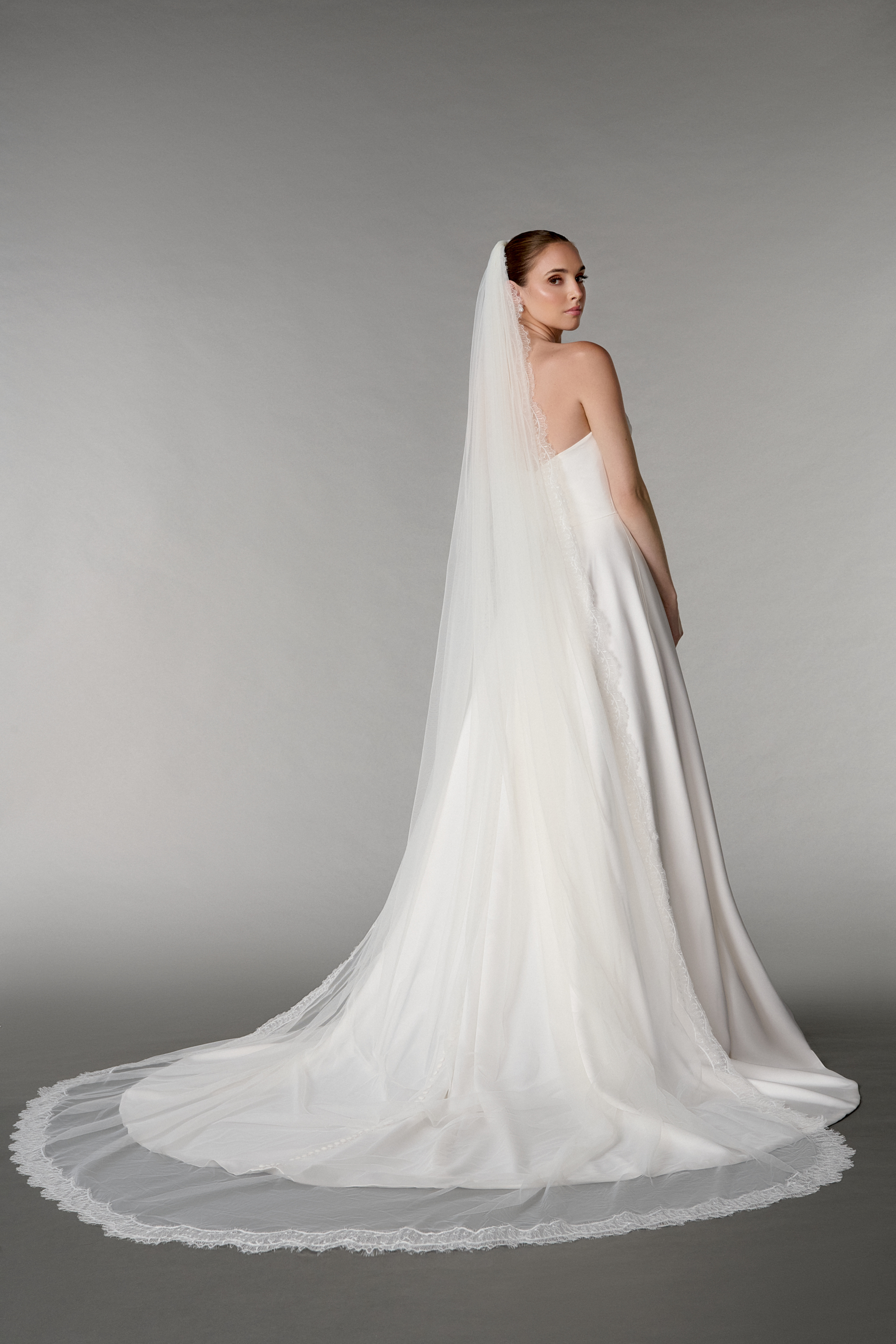 Thanks & Goodluck Style TG1093L120 Soft Tulle Cathedral Length Veil with Delicate Chantilly Hem Lace.
