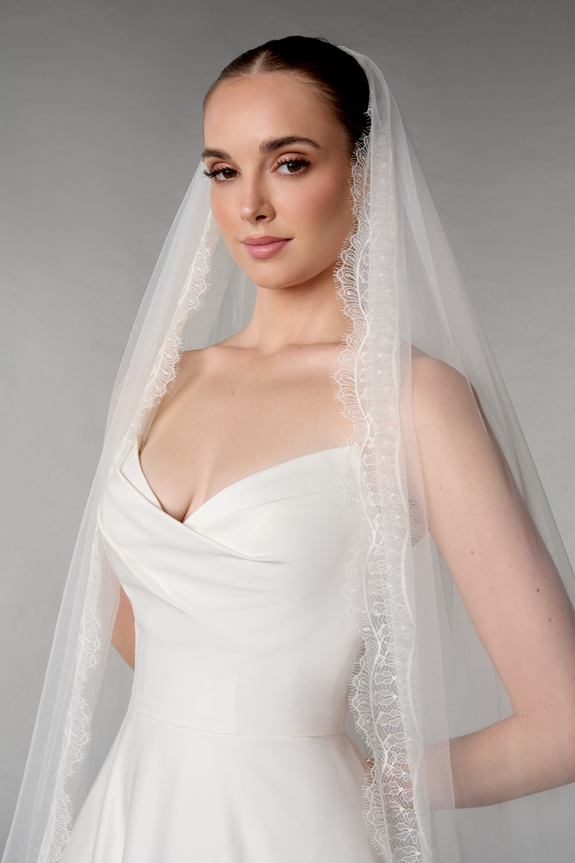 Thanks & Goodluck Style TG1093L120 Soft Tulle Cathedral Length Veil with Delicate Chantilly Hem Lace.