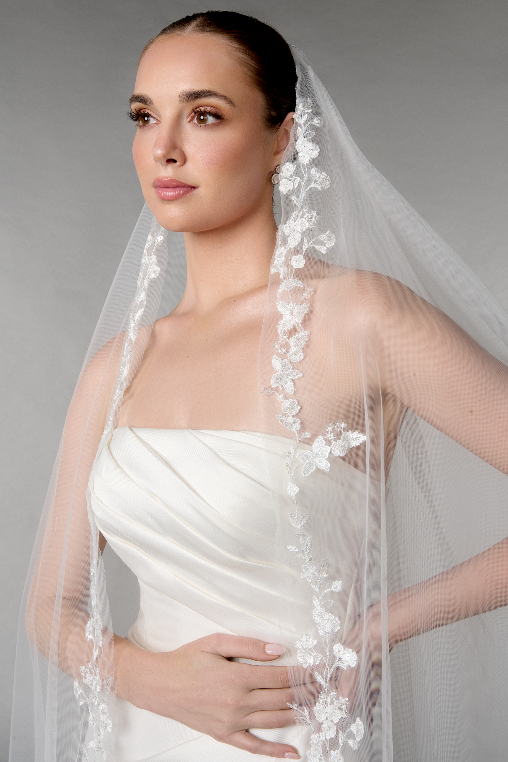 Thanks & Goodluck Style TG1095L110 Cathedral Length Veil with Sequined Floral Lace Appliqués
