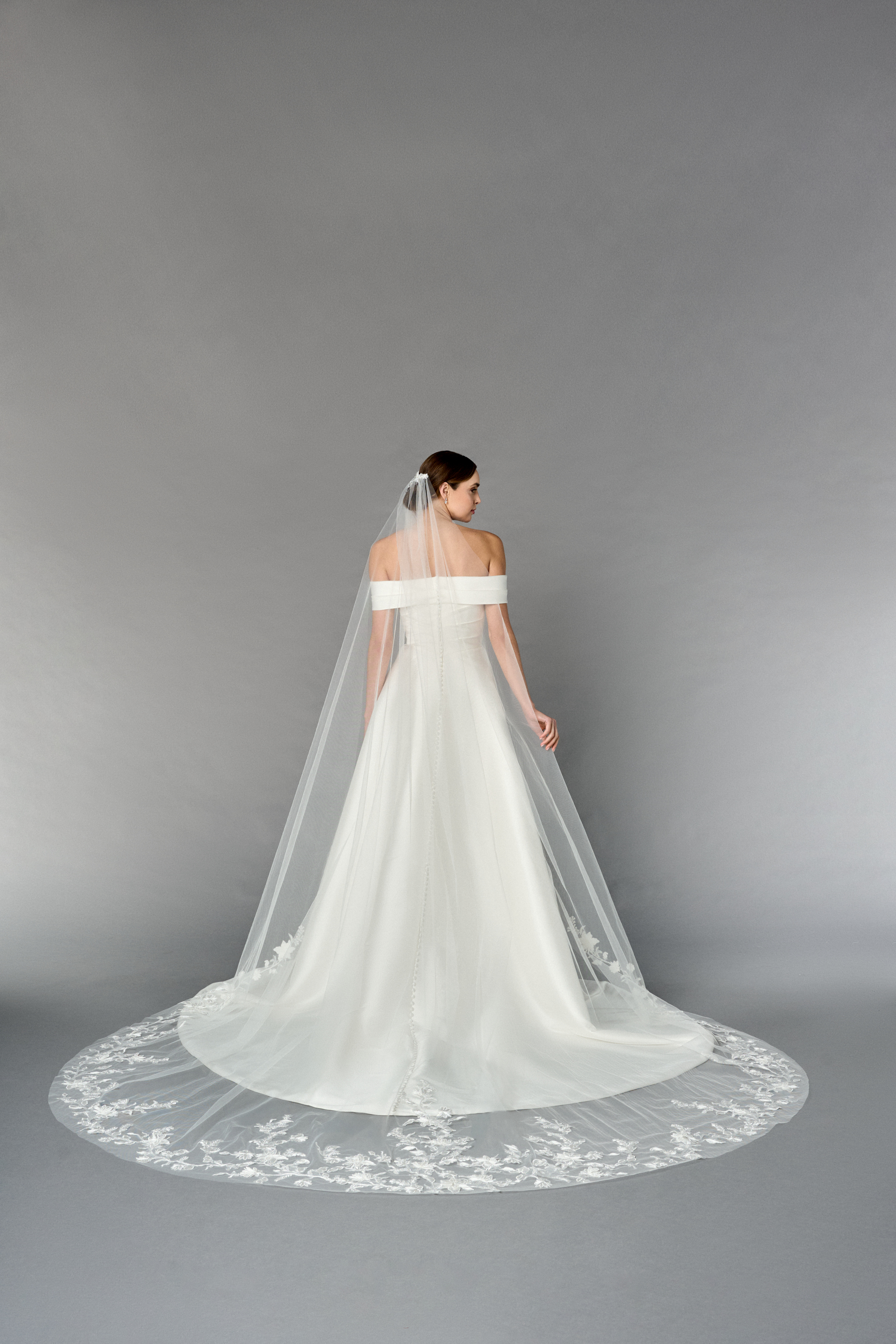 Thanks & Goodluck Style TG1113L110 Cathedral Veil with Leafy Floral and 3D Matte Lace Appliqués