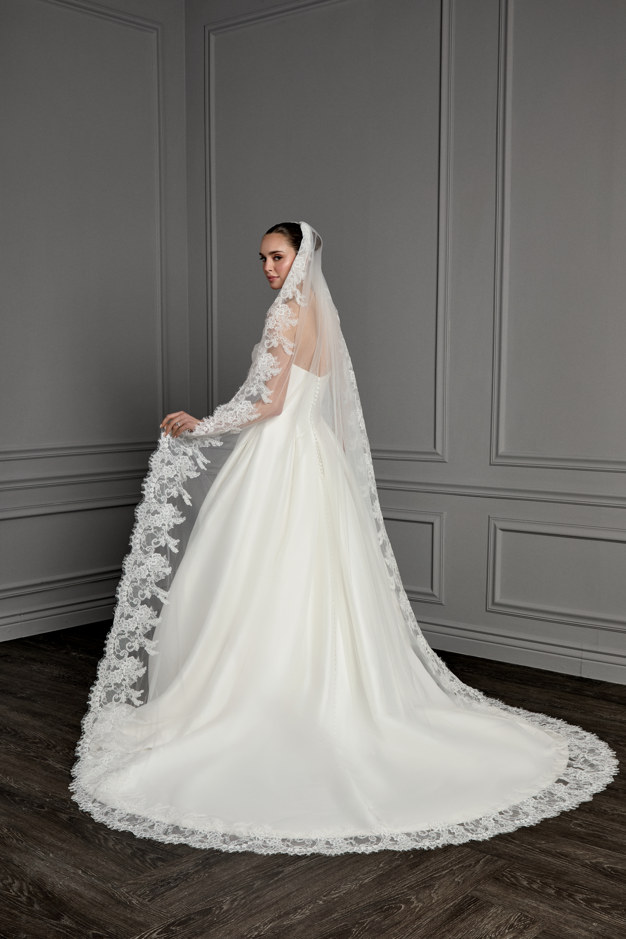 Thanks & Goodluck Style TG1163L110 Cathedral Length Tulle Veil with Lightly Corded Chantilly Lace Hem