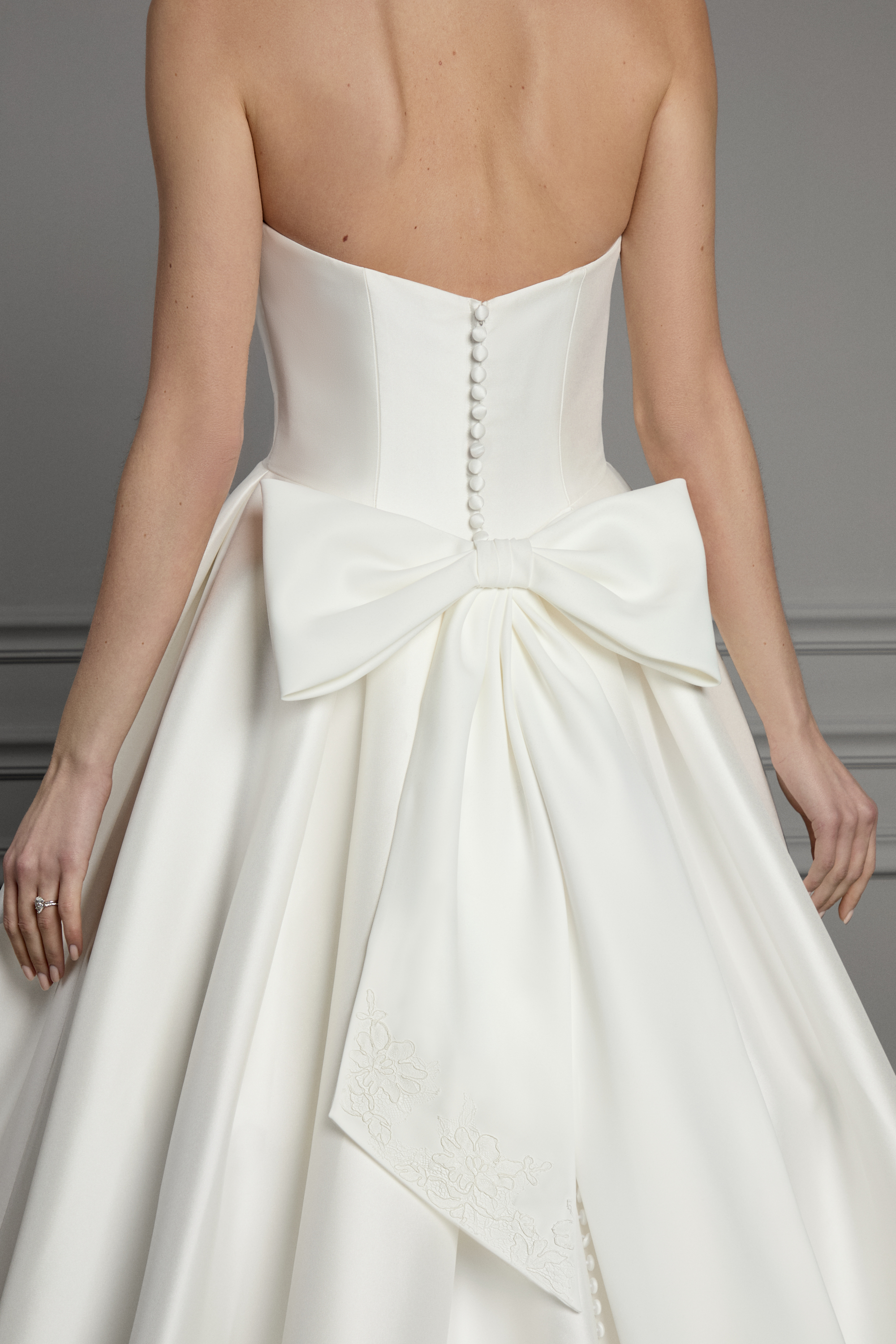 Thanks & Goodluck Style TG1172 Detachable Satin Bow with Corded Chantilly Lace Adorning the  Asymmetrical Tails