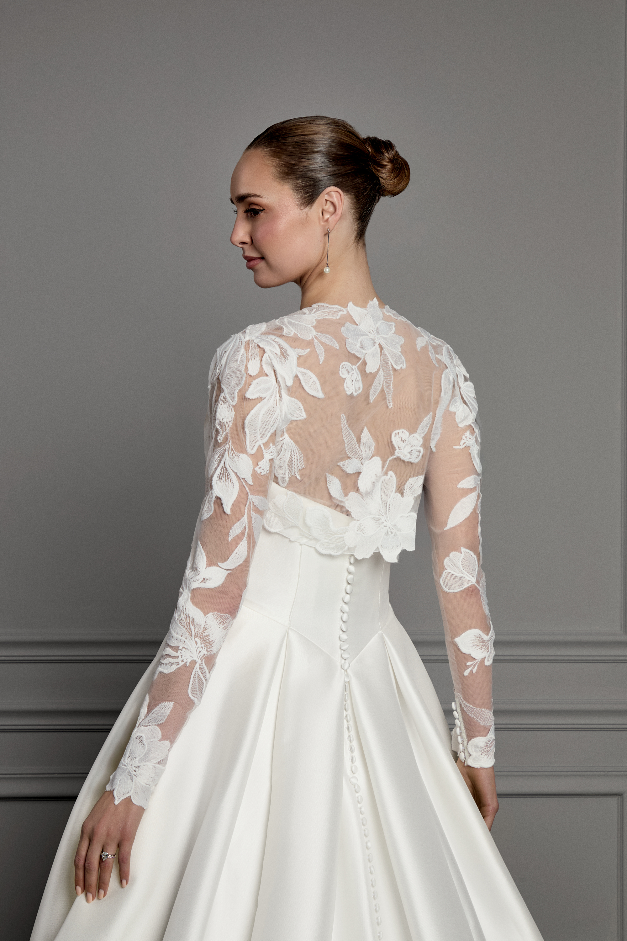 Thanks & Goodluck Style TG1174 Floral Matte Lace Long Sleeved Cropped Jacket with Queen Anne Neckline