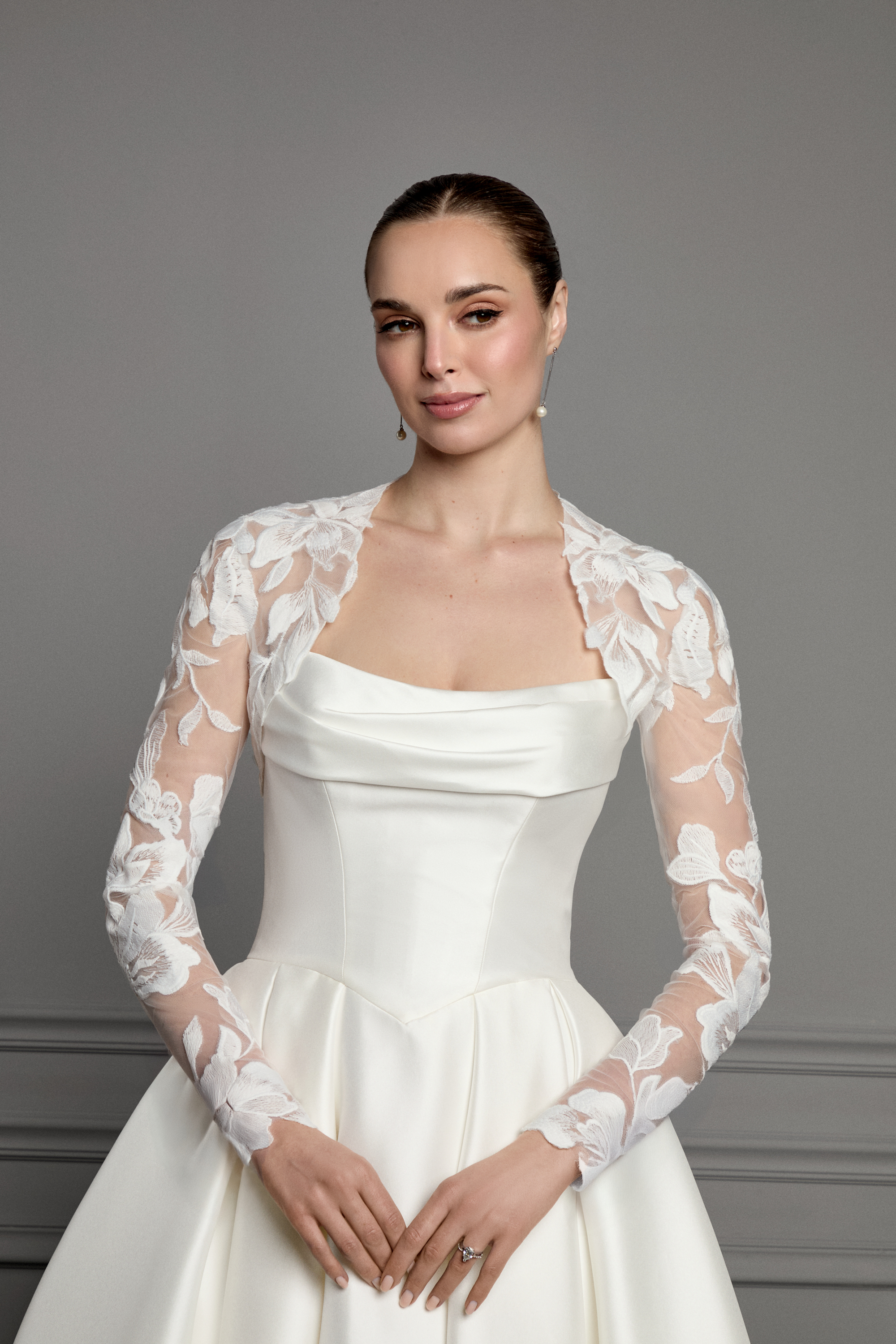 Thanks & Goodluck Style TG1174 Floral Matte Lace Long Sleeved Cropped Jacket with Queen Anne Neckline