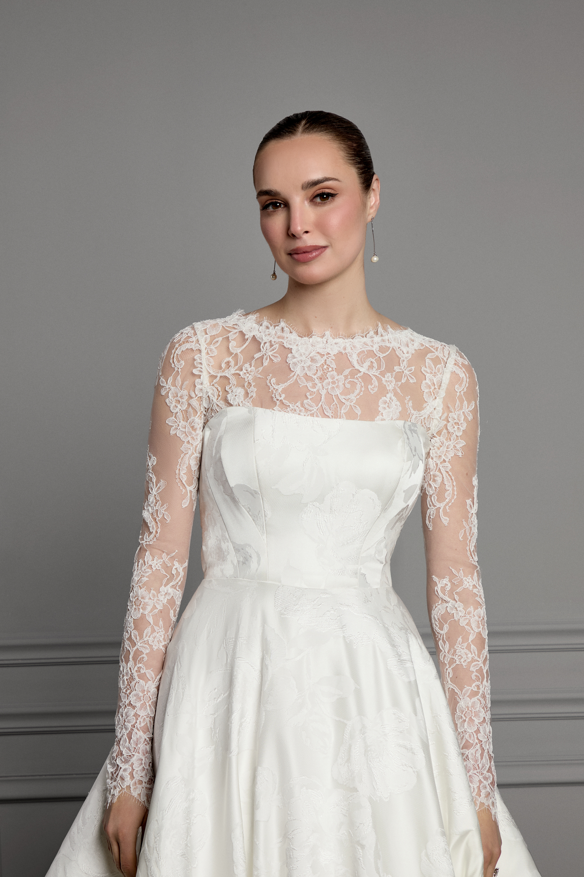 Thanks & Goodluck Style TG1176 Detachable Matte Corded Lace Pop-In with High Neckline and Long Sleeves