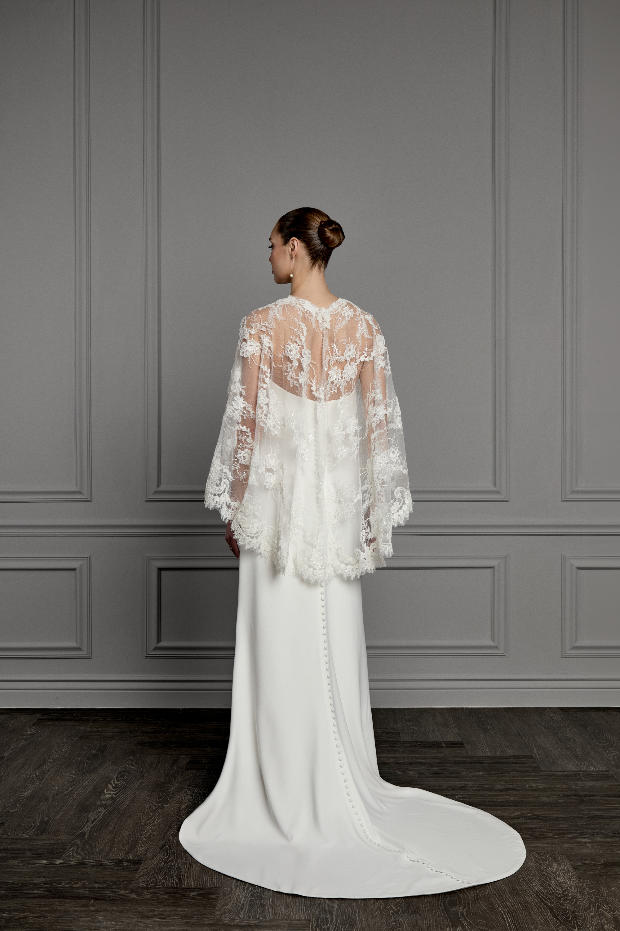 Thanks & Goodluck Style TG1178 Sabrina Neckline Allover Corded Alençon Lace Cape with Embroidered Sequins