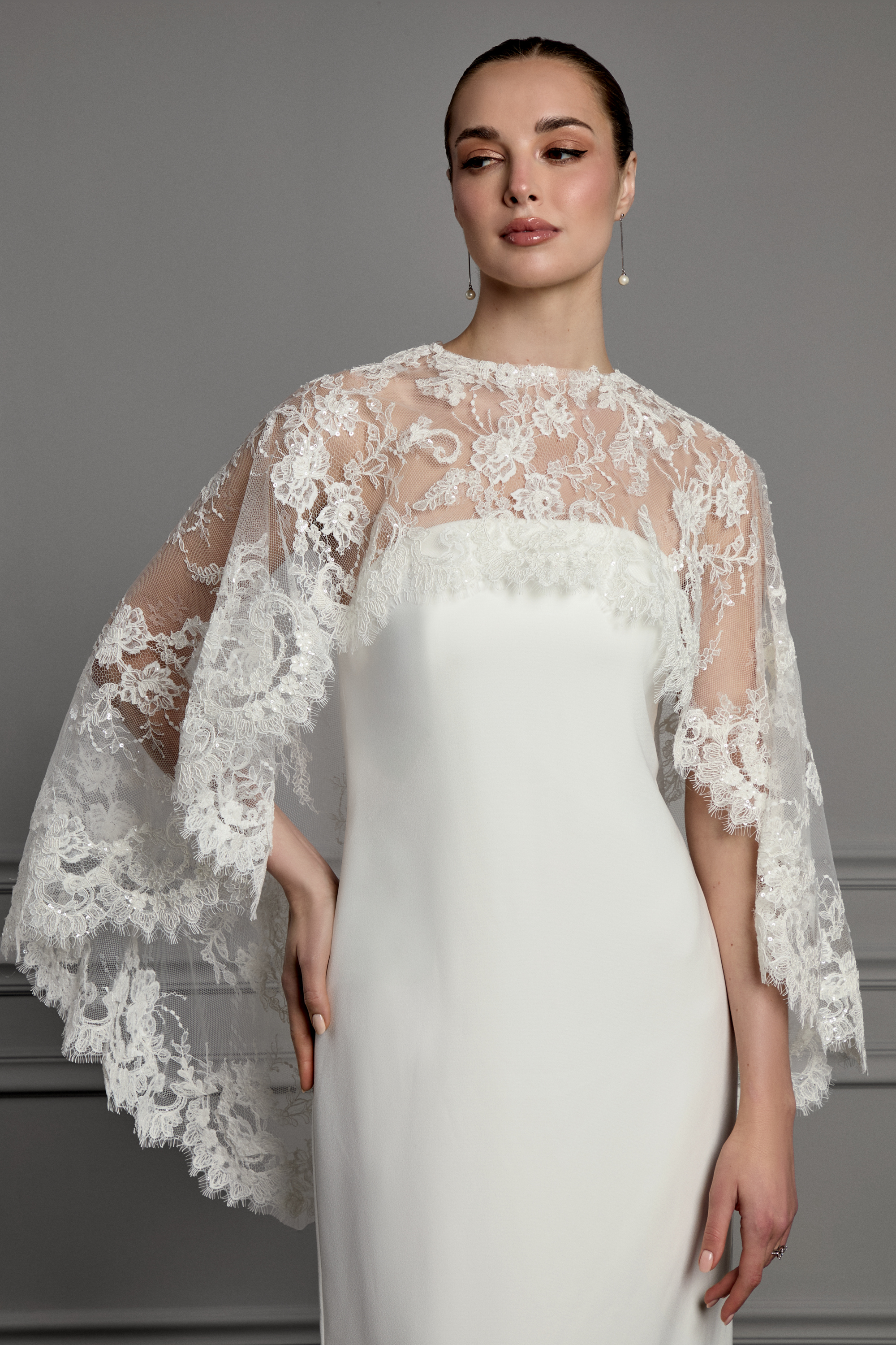 Thanks & Goodluck Style TG1178 Sabrina Neckline Allover Corded Alençon Lace Cape with Embroidered Sequins