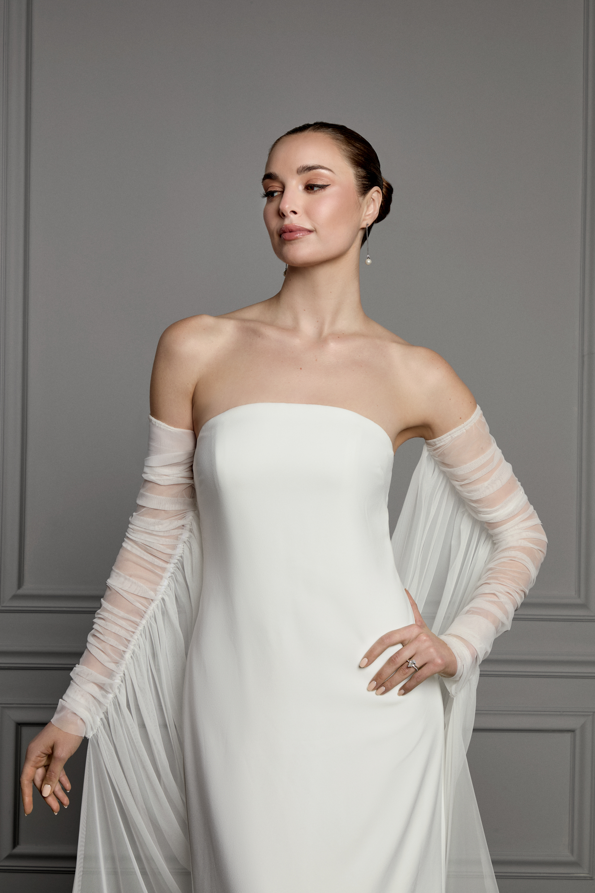 Thanks & Goodluck Style TG1180 Stretch Tulle Off-the-Shoulder Cape with Ruched Long Sleeves
