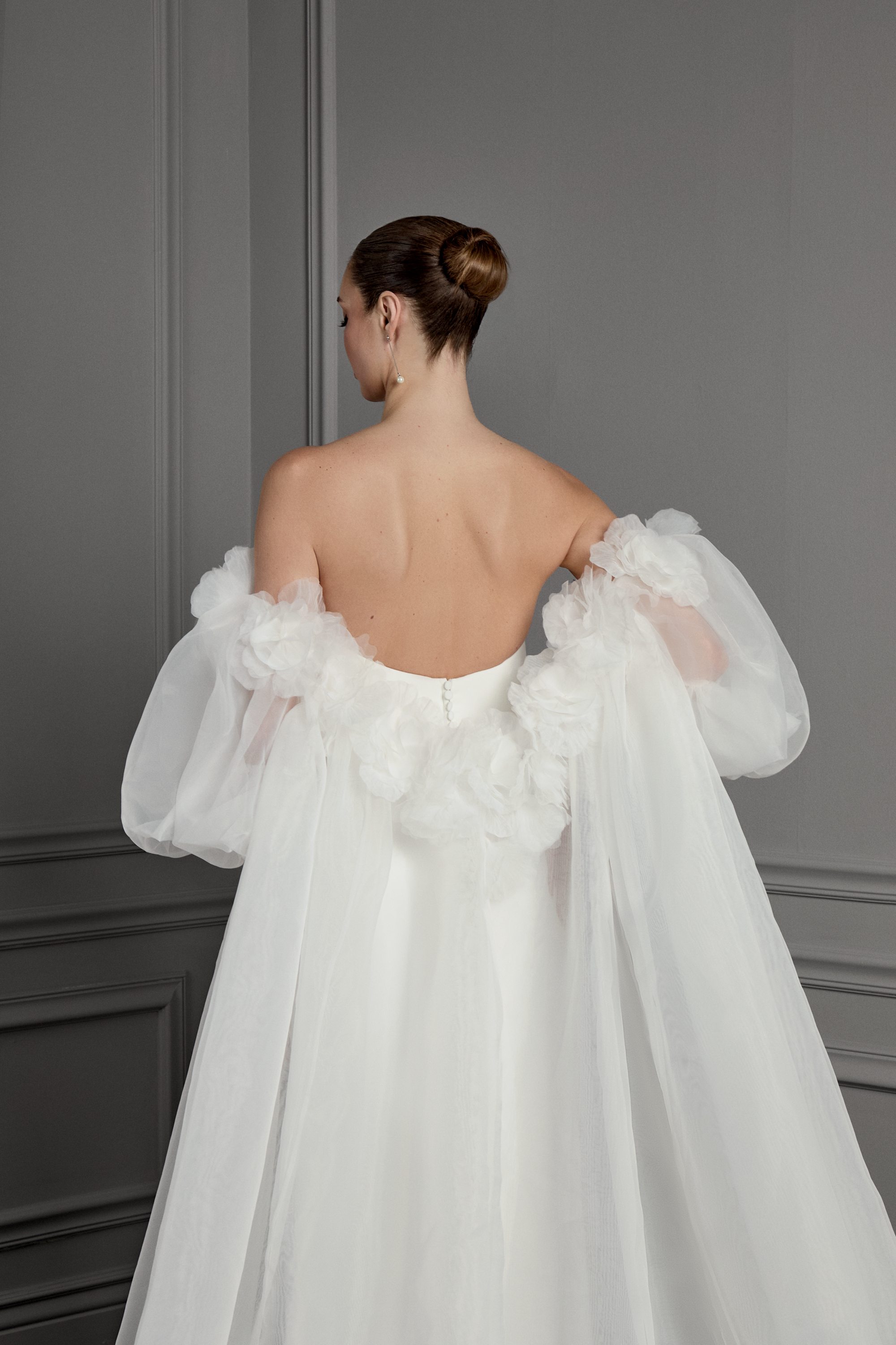 Thanks & Goodluck Style TG1183 Off-the-Shoulder Organdy Cape with Oversized 3D Florals and Billowy Puff Sleeves